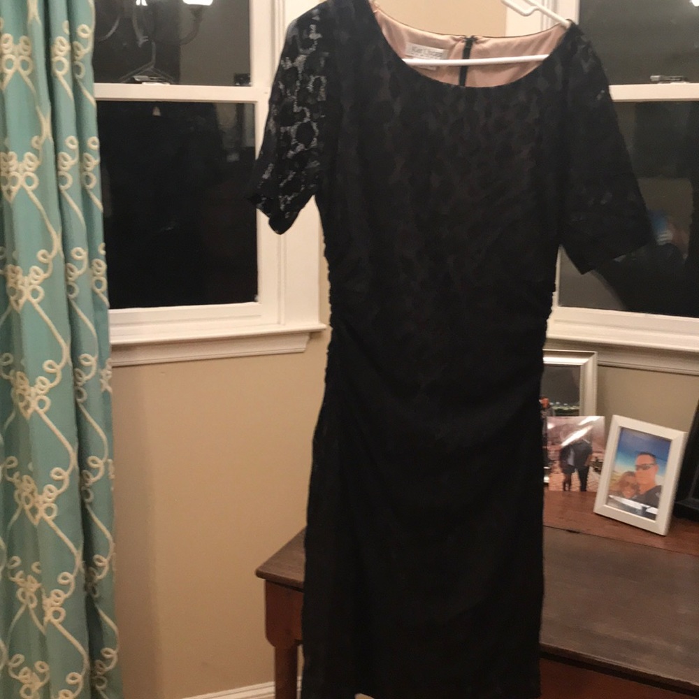 Late Unger black lace over nude bodice dress